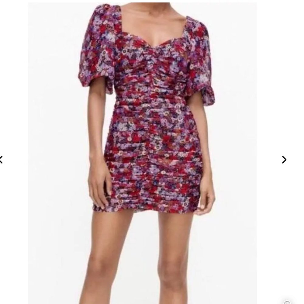 ZARA Floral Print Mini Dress Ruched Size M NEW WITH TAG! - Picture 8 of 12